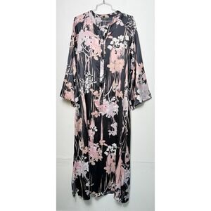 Natori Floral Caftan Dress Black Pink Abstract Satin Zip Front Maxi Pockets